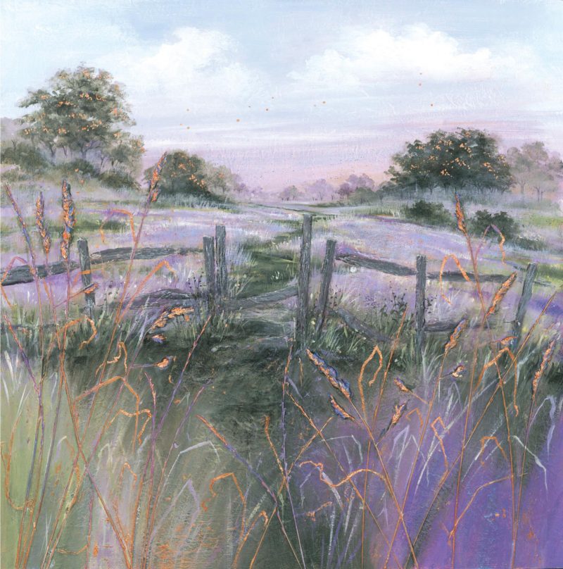 field gate fence countryside purple orange tree rushes grass mist august dawn diane demirci nethertons